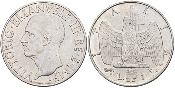 ИТАЛИЯ 1 ЛИРА 1941 R, ГОД XIX, ВИКТОР ЭММАНУИЛ III (1900-1946), МАГНИТНАЯ, РЕДКАЯ KM 77b, VEM3. 1099 нержавеющая сталь 3855-426