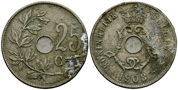 Бельгия 25 сантимов 1908 Belgie KM 63 медно-никель 4165-643