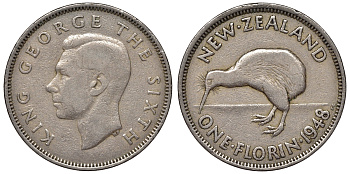 Новая Зеландия 1 флорин 1948 птичка киви, Георг VI (1937-1952), первый год KM 18 медно-никель    4117-436