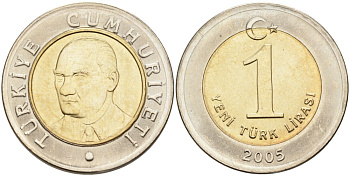 Турция 1 новая лира 2005 Кемаль Ататюрк KM 1169 биметалл UNC 4561-151