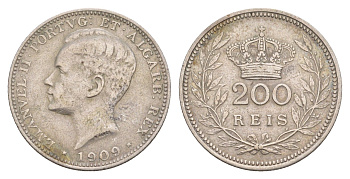 Португалия 200 реалов 1909 Мануэл II (1908-1910) KM 549 серебро 4654-925