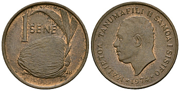 Самоа 1 сене 1974 Малиетоа Танумафили II (1962-2010) KM 12 бронза 4173-1058
