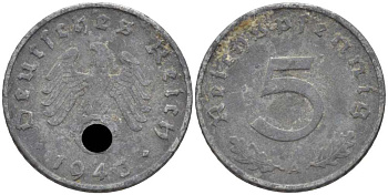 ГЕРМАНИЯ 5 РЕЙХСПФЕННИГОВ 1943 A KM 100, J. 370 цинк 105-312
