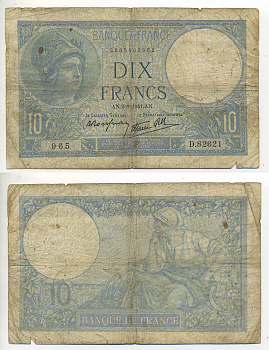 ФРАНЦИЯ 10 ФРАНКОВ 1941 2 ЯНВАРЯ 1941 Pick 84 бумага 7552-27-3