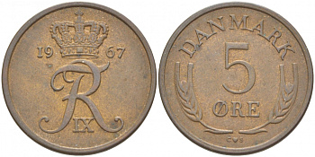 ДАНИЯ 5 ЭРЕ 1967 C; S, ФРЕДЕРИК IX (1947-1972) KM 848.1 бронза 4402-1226