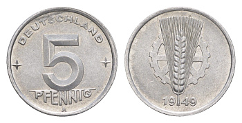 ГДР 5 пфеннигов 1949 A KM 2 алюминий aUNC 4647-767