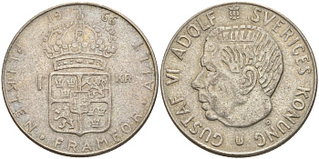 Швеция 1 крона 1966 U, Густав VI Адольф (1950-1973) KM 826 серебро 4150-213