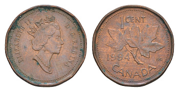 Канада 1 цент 1994 Елизавета II (1952-2022), кленовый лист KM 181 бронза 4630-614
