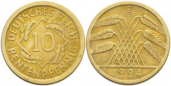 ГЕРМАНИЯ 10 РЕНТЕНПФЕННИГОВ 1924 E KM 33, J. 309, Weege 8 алюминиевая бронза 3996-1164