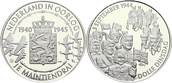 Нидерланды медаль ND Голландия в войне 1940-1945, сумасшедший вторник 5 сентября 1944 года, 31,3 гр, 45,0 мм  серебро  PROOF  1066-10-21