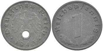 ГЕРМАНИЯ 1 РЕЙХСПФЕННИГ 1943 A KM 97, J. 369 цинк 211-555