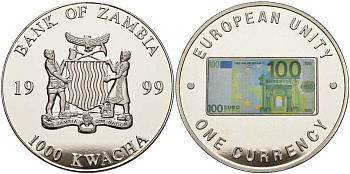 Замбия 1000 квача 1999 серия европейский союз - одна валюта, 100 евро аверс, серебрение KM 128 медь никель цинк 1098-3-51