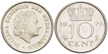 НИДЕРЛАНДЫ 10 ЦЕНТОВ 1977 ЮЛИАНА (1948-1980) KM 182 никель 211-1227