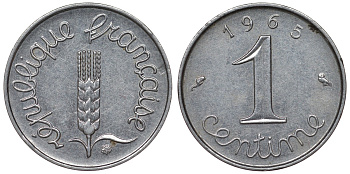 Франция 1 сантим 1965 пятая республика KM 928, Le Franc 106.10 нержавеющая сталь 4124-365