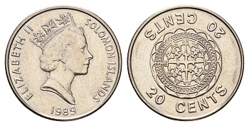 Соломоновы Острова 20 центов 1989 KM 28 сталь плакированная никелем UNC 4671-351