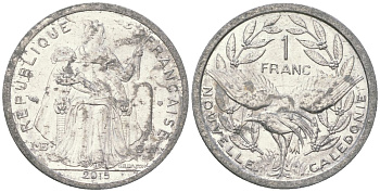 Французская Новая Каледония 1 франк 2015 птица кагу, (IEOM) KM 10, Schoen 10 алюминий 33-816