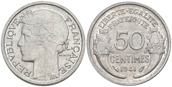 ФРАНЦИЯ 50 САНТИМОВ 1941 ТИП MORLON LOURDE KM 894.1a, LE FRANC 193.2 алюминий 44-328