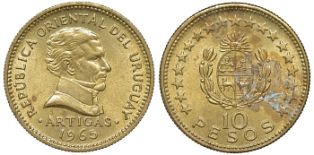 Уругвай 10 песо 1965 KM 48 алюминиевая бронза 4572-823