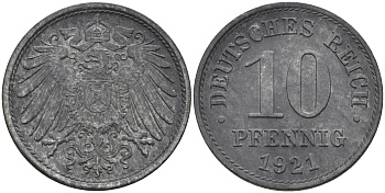 ГЕРМАНИЯ 10 ПФЕННИГОВ 1921 KM 26, J. 299 цинк 4591-634