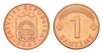 Латвия 1 сантим 2003 KM 15 сталь плакированая медью UNC 4115-1157