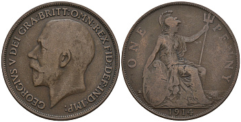 Великобритания 1 пенни 1914 Георг V (1910-1936) KM 810, Spink 4051 бронза 4607-1211