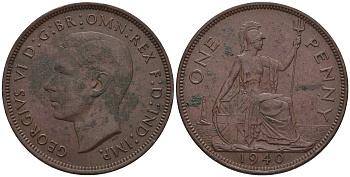 Великобритания 1 пенни 1940 Георг VI (1936-1952) KM 845, Spink 4114 бронза 4607-1233