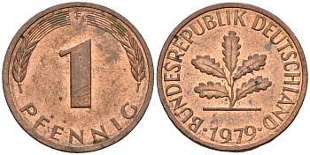 ФРГ 1 пфенниг 1979 F KM 105, J.380 сталь плакированная медью 3309-915