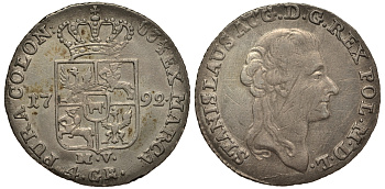 Польша 4 гроша (1 злотый) 1792 MV, Станислав Август Понятовский (1764-1795), вес 5,35 гр.KM 208.1 (С51) серебро 1516-1022