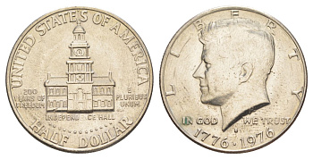 США 1/2 доллара (50 центов) 1976 D, 200 лет независимости, Джон Кеннеди KM 205 медь плакированная медно-никелем aUNC 4545-1233