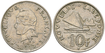 Французская Новая Каледония 10 франков 2007 рыбачья парусная лодка, (IEOM) KM 11a, Schoen 13a, Lec 99k медно-никель 58-217