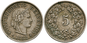 Швейцария 5 раппенов 1882 KM 26 медно-никель 4608-1012