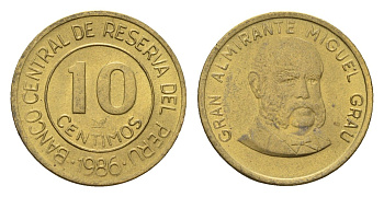 Перу 10 сентимо 1986 Мигель Грау Семинарио KM 293 латунь UNC 4615-119