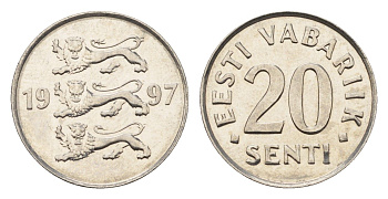 Эстония 20 сентов 1997 KM 23a сталь плакированная никелем UNC 4689-711