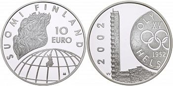 Финляндия 10 евро 2002 50 лет Олимпиаде 1952 года в Хельсинки KM 107 серебро PROOF 11-262-21