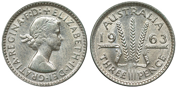 Австралия 3 пенса 1963 m, Елизавета II (1952-2022) KM 57 серебро 71-834
