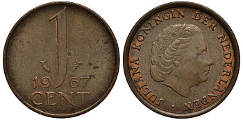 НИДЕРЛАНДЫ 1 ЦЕНТ 1967 KM 180 бронза VG 4181-228