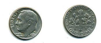 США 10 ЦЕНТОВ = 1 ДАЙМ 1979 РУЗВЕЛЬТ KM 195а медь плакированная медно-никелем 46-2414