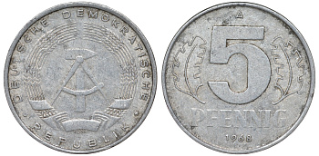 ГДР 5 пфеннигов 1968 A KM 9.1 алюминий 62-222