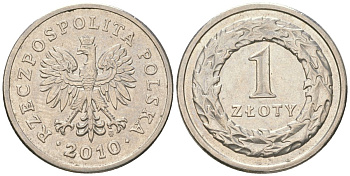 Польша 1 злотый 2010 MW, самый редкий год выпуска - 3.000.000 Y 282 медно-никель aUNC 4617-1215