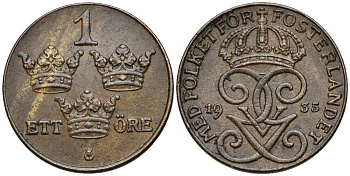 Швеция 1 эре 1935 Густав V (1907-1950) KM 777.2 бронза 4549-1067
