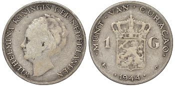 Нидерландское Кюрасао 1 гульден 1944 D, Вильгельмина (1890-1948) KM 45 серебро 36-741