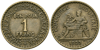 Франция 1 франк 1923 KM 876 алюминиевая бронза 4171-1153