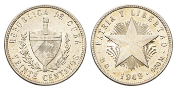 Куба 20 сентаво 1949 KM 13 серебро aUNC 270-1342