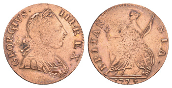 Великобритания 1/2 пенни 1774 Георг III (1760-1820) KM 601, Spink 3774 медь 3711-831