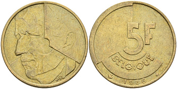 Бельгия 5 франков 1986 Belgique KM 163 алюминиевая бронза 4126-211