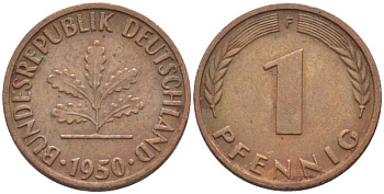 ФРГ 1 ПФЕННИГ 1950 F KM 105, J. 380 сталь плакированная медью 116-355