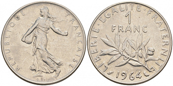 Франция 1 франк 1964 сеятель KM 925.1, Le Franc 226.8 никель 186-332