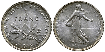 Франция 1 франк 1918 сеятель KM 844.1, Le Franc 217.24 серебро UNC 259-725