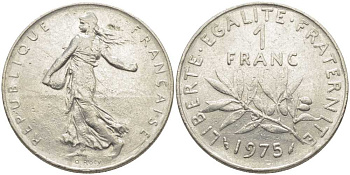 ФРАНЦИЯ 1 ФРАНК 1975 СЕЯТЕЛЬ KM 925.1, LE FRANC 226.20 никель 175-532