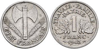 Франция 1 франк 1943 правительство Виши KM 902.1 алюминий    4153-423